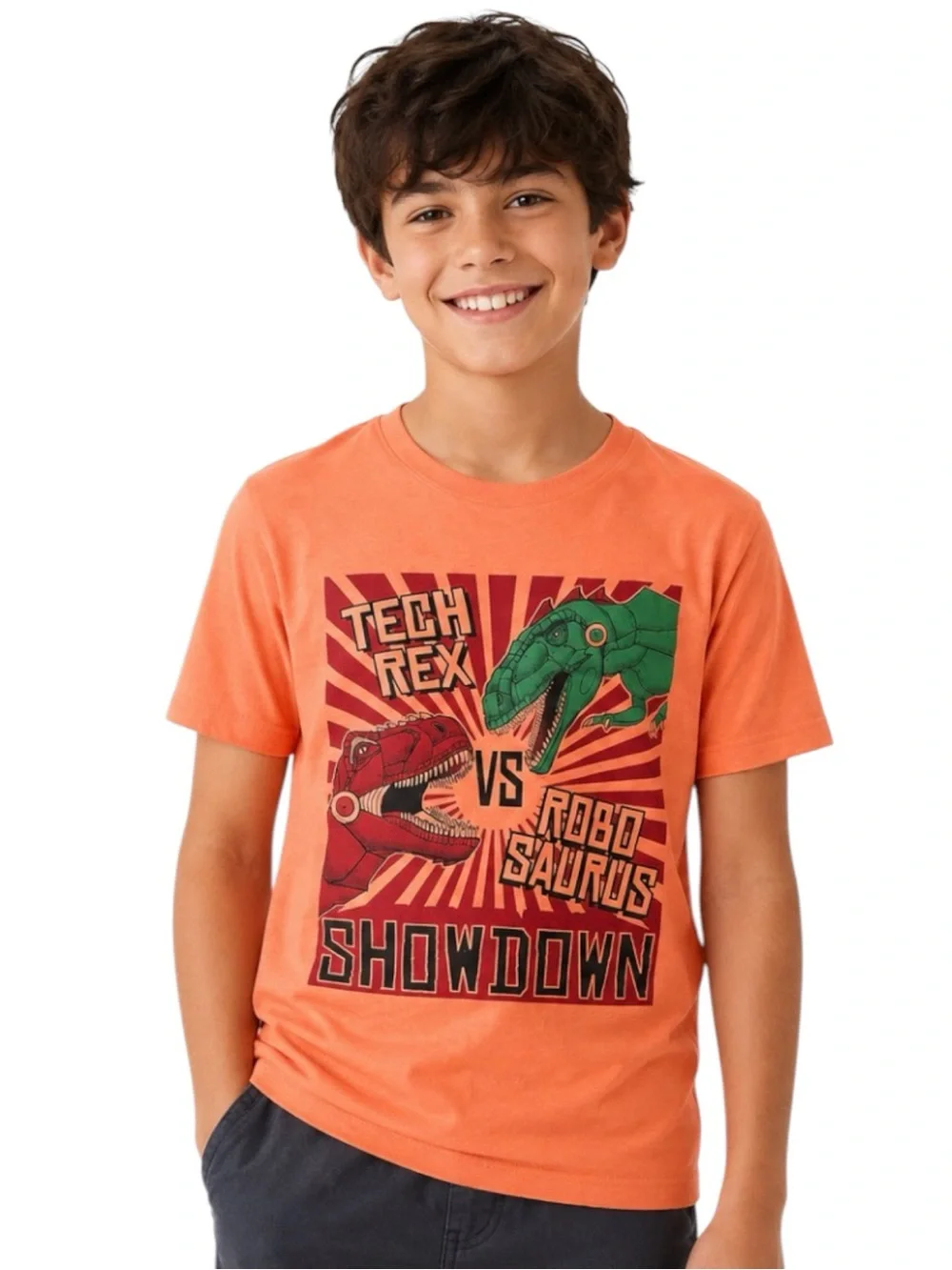 The Children’s Place Boys Tech T-Rex Dinosaur Graphic Tee Coral Orange Size L